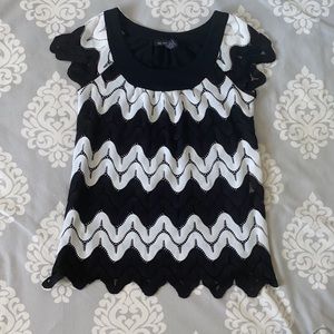 INC - Black and White Striped Lace Short Sleeve Blouse